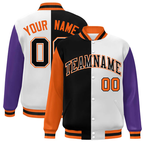 Custom Orange Black White-Purple Color Block Bomber Varsity Full-Snap Baseball Jacket