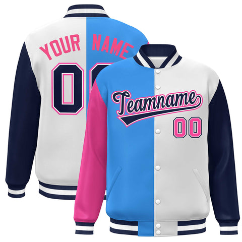 Custom Pink Powder Blue White-Navy Color Block Bomber Varsity Full-Snap Baseball Jacket