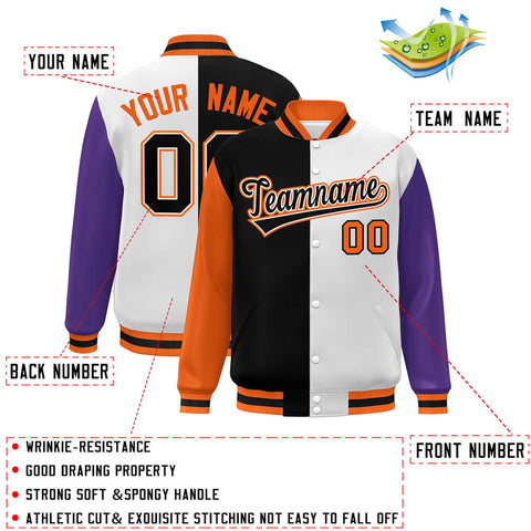 Custom Orange Black White-Purple Color Block Bomber Varsity Full-Snap Baseball Jacket