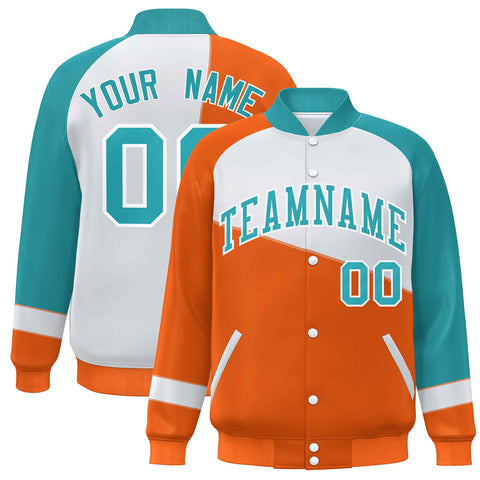 Custom Orange White-Aqua Color Block Bomber Varsity Full-Snap Baseball Jacket