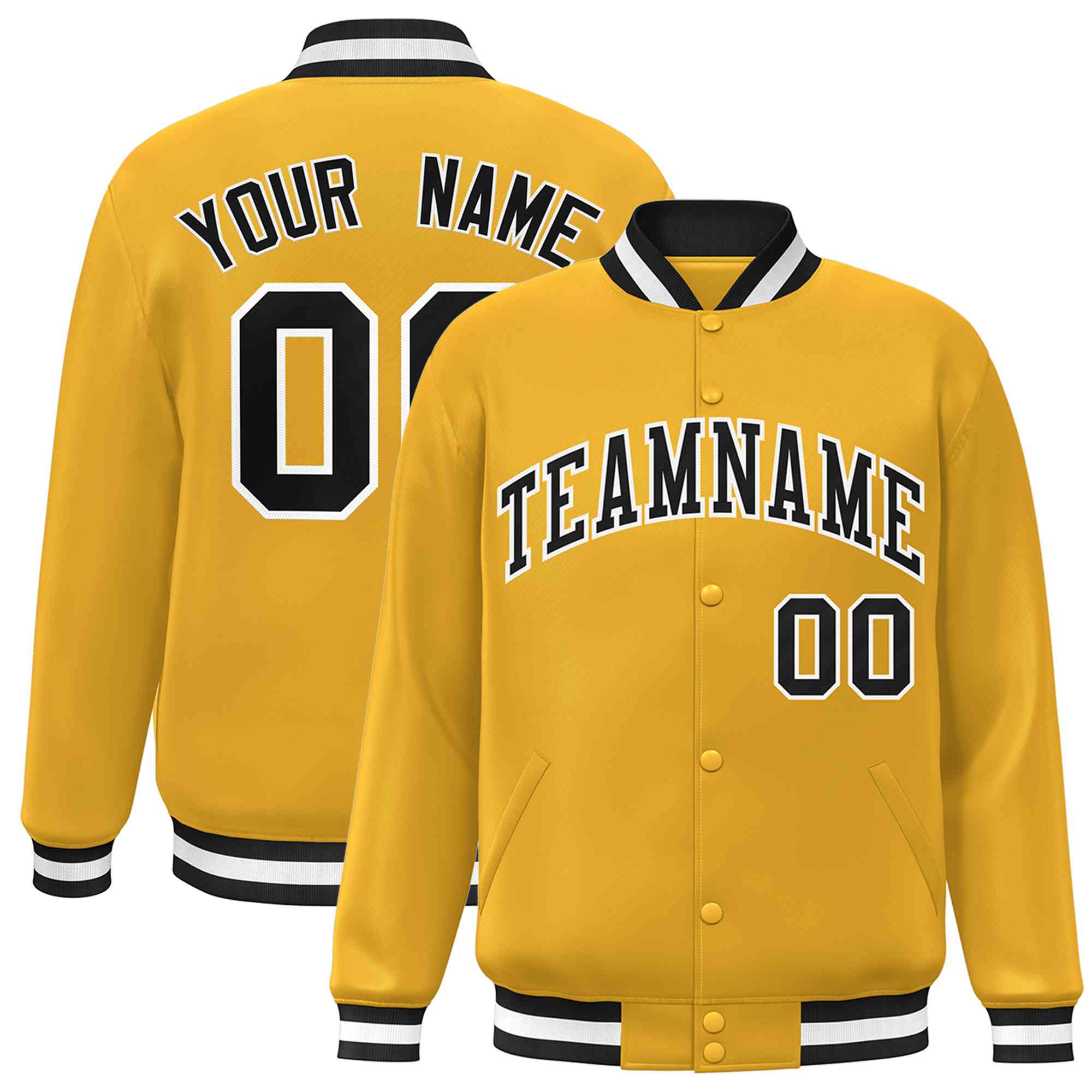 Custom Gold Black White Classic Style Varsity Full Snap Letterman Jack