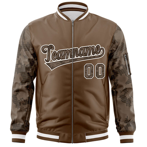 Custom Brown Varsity Full-Zip Camo Raglan Sleeves Letterman Bomber Jacket
