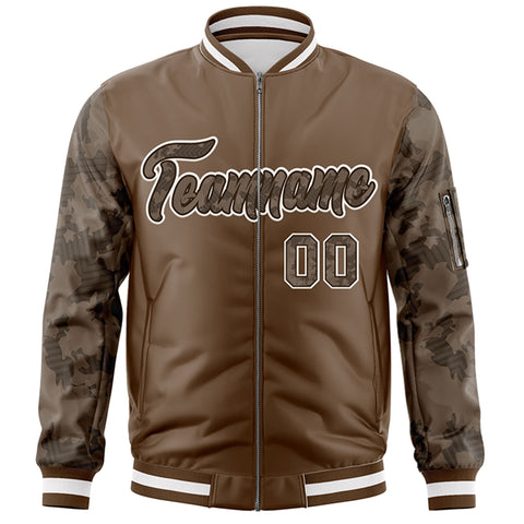 Custom Brown Varsity Full-Zip Camo Raglan Sleeves Letterman Bomber Jacket