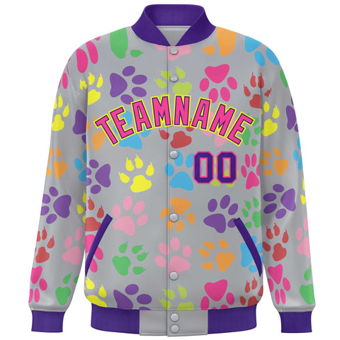 Custom Gray Pink-Purple Varsity Pets Paw Prints Graffiti Pattern Letterman Baseball Jacket