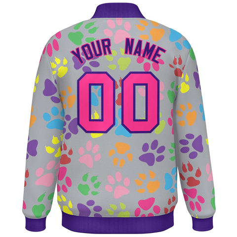 Custom Gray Pink-Purple Varsity Pets Paw Prints Graffiti Pattern Letterman Baseball Jacket