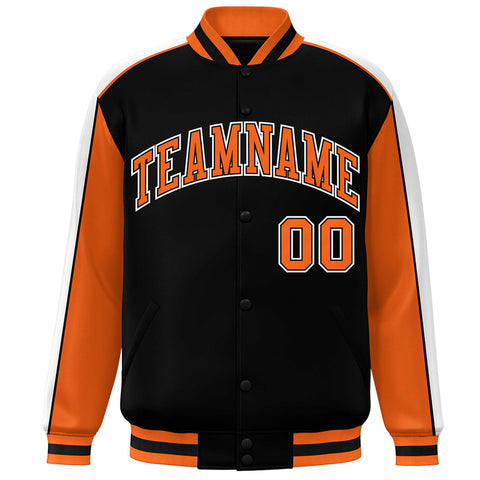 Custom Black Orange-White Color Block Bomber Varsity Full-Snap Baseball Jacket