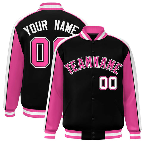 Custom Black Pink-White Color Block Bomber Varsity Full-Snap Baseball Jacket