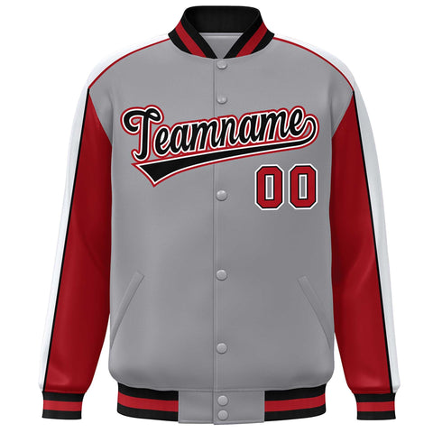 Custom Gray Red-White Color Block Bomber Varsity Full-Snap Baseball Jacket