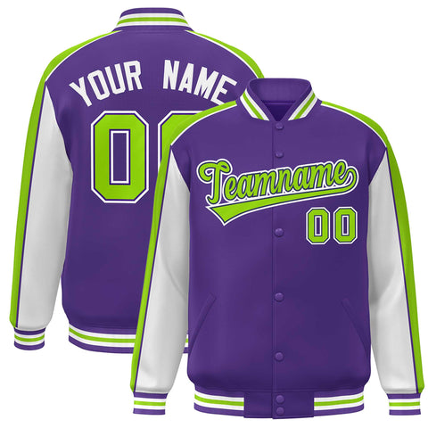 Custom Purple White-Neon Green Color Block Bomber Varsity Full-Snap Baseball Jacket