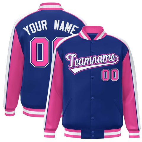 Custom Royal Pink-White Color Block Bomber Varsity Full-Snap Baseball Jacket