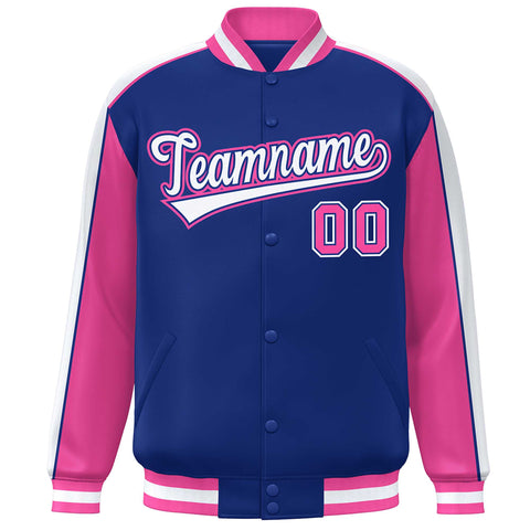 Custom Royal Pink-White Color Block Bomber Varsity Full-Snap Baseball Jacket