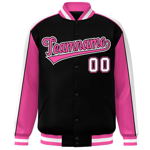 Custom Black Pink-White Color Block Bomber Varsity Full-Snap Baseball Jacket