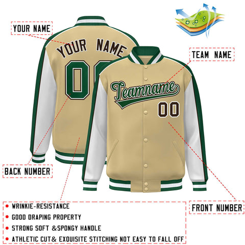 Custom Khaki White-Green Color Block Bomber Varsity Full-Snap Baseball Jacket