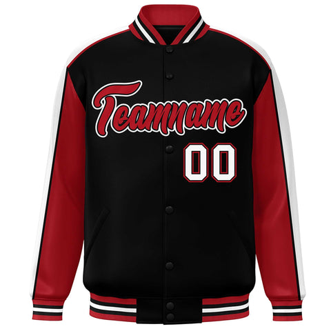 Custom Black Red-White Color Block Bomber Varsity Full-Snap Baseball Jacket