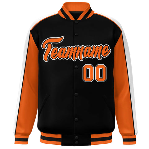 Custom Black Orange-White Color Block Bomber Varsity Full-Snap Baseball Jacket