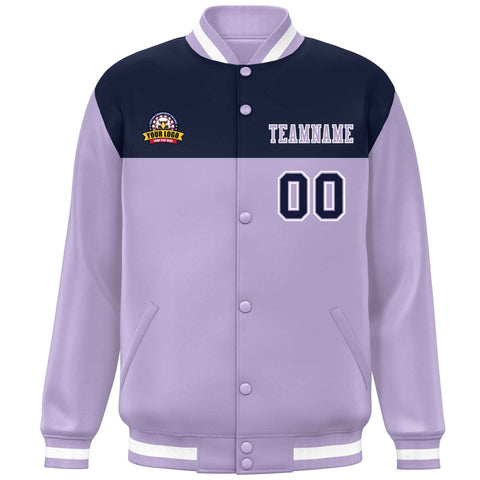 Custom Navy Light Purple-White Varsity Full-Snap Color Block Lettermen Baseball Jacket