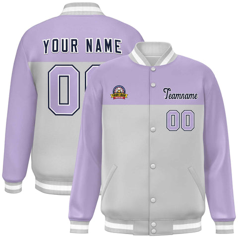 Custom Light Purple Gray-Navy Varsity Full-Snap Color Block Lettermen Baseball Jacket