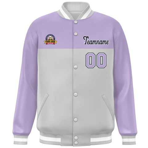 Custom Light Purple Gray-Navy Varsity Full-Snap Color Block Lettermen Baseball Jacket