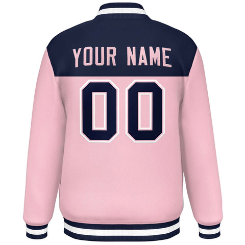Custom Navy Pink-White Varsity Full-Snap Color Block Lettermen Baseball Jacket