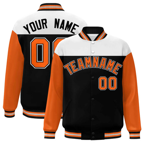 Custom White Black-Orange Letterman Color Block Varsity Full-Snap Baseball Jacket