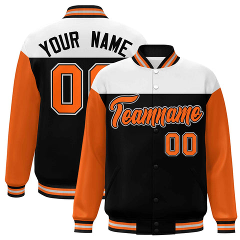Custom White Black-Orange Letterman Color Block Varsity Full-Snap Baseball Jacket