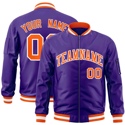 Custom Purple Orange-White Varsity Full-Zip Letterman Bomber Jacket