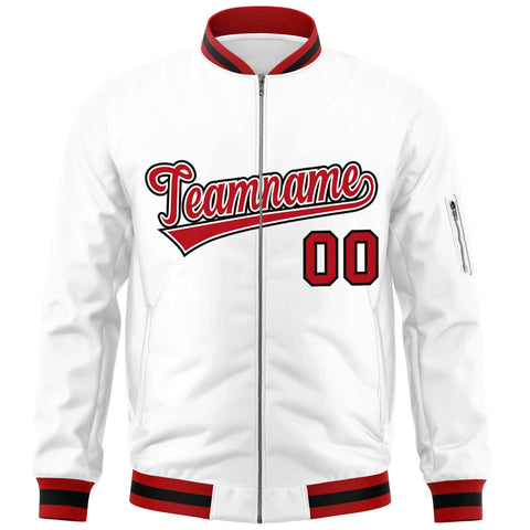 Custom White Red-Black Varsity Full-Zip Letterman Bomber Jacket
