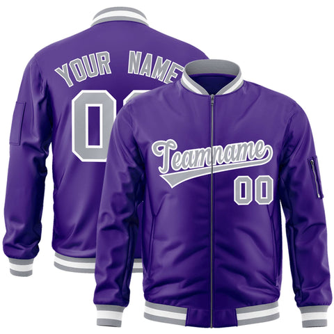Custom Purple Gray-White Varsity Full-Zip Letterman Bomber Jacket