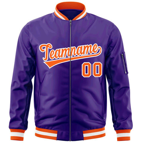 Custom Purple Orange-White Varsity Full-Zip Letterman Bomber Jacket