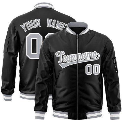 Custom Black Gray-White Varsity Full-Zip Letterman Bomber Jacket