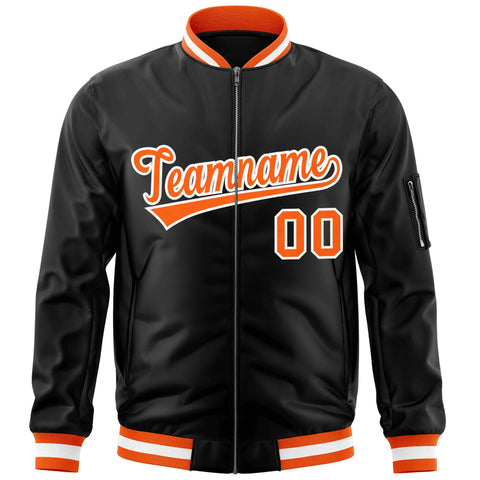 Custom Black Orange-White Varsity Full-Zip Letterman Bomber Jacket