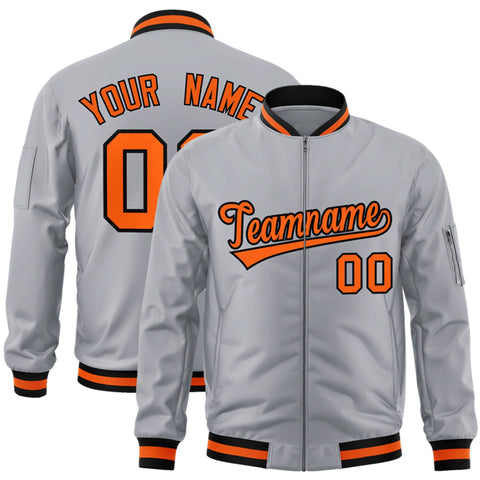 Custom Gray Orange-Black Varsity Full-Zip Letterman Bomber Jacket