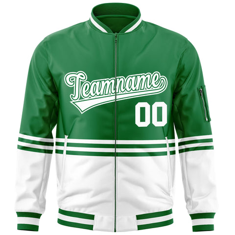 Custom Kelly Green White Varsity Full-Zip Color Block Letterman Bomber Jacket