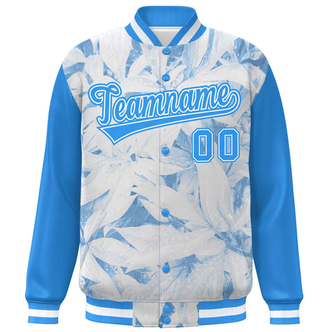 Custom Powder Blue White Maple Leaf Raglan Sleeves Bomber Graffiti Pattern Varsity Jacket