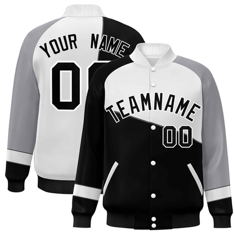 Custom Black White-Gray Color Block Bomber Varsity Full-Snap Baseball Jacket