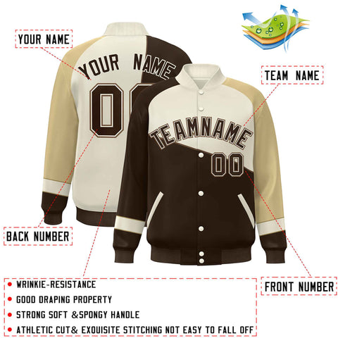 Custom Brown White-Khaki Color Block Bomber Varsity Full-Snap Baseball Jacket