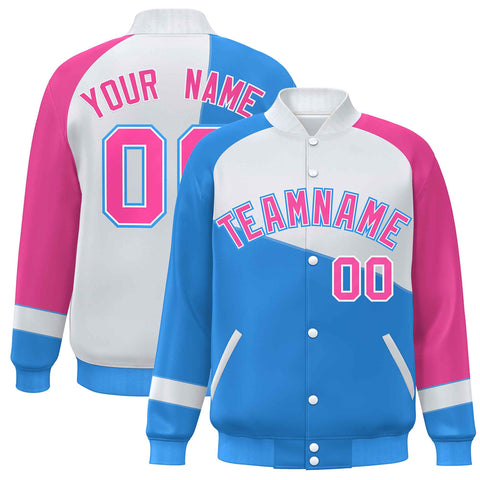 Custom Powder Blue White-Pink Color Block Bomber Varsity Full-Snap Baseball Jacket