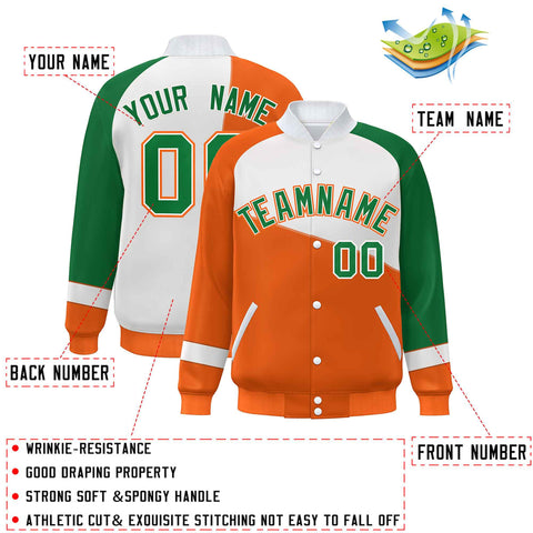 Custom Orange White-Kelly Green Color Block Bomber Varsity Full-Snap Baseball Jacket