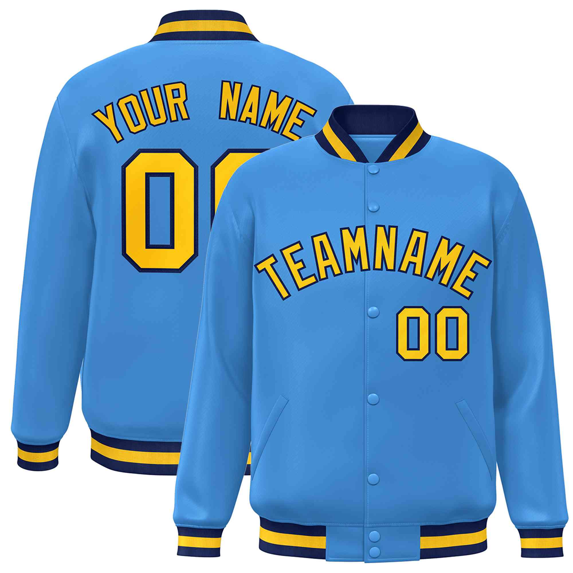 Custom Powder Blue GoldNavy Curved Classic Style Varsity Letterman Ja