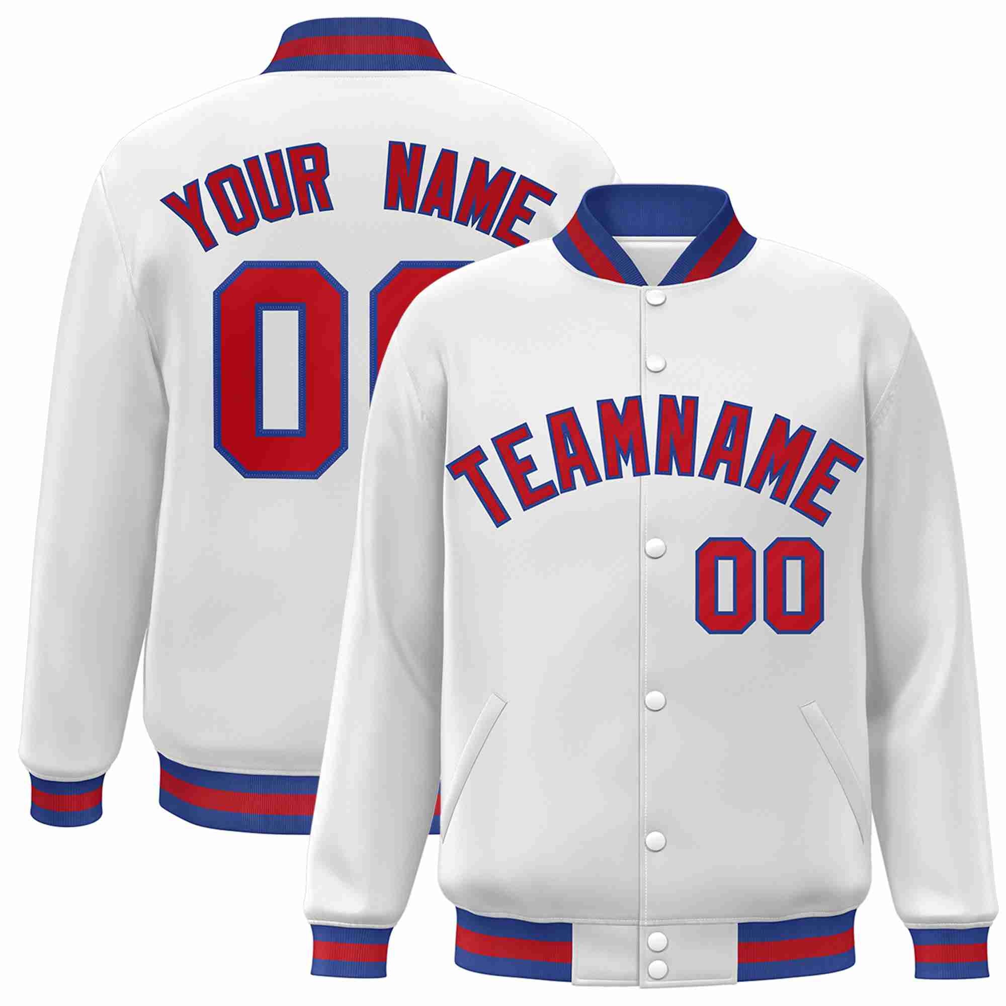 Custom White Red Royal Classic Style Varsity Full Snap Letterman Jacke