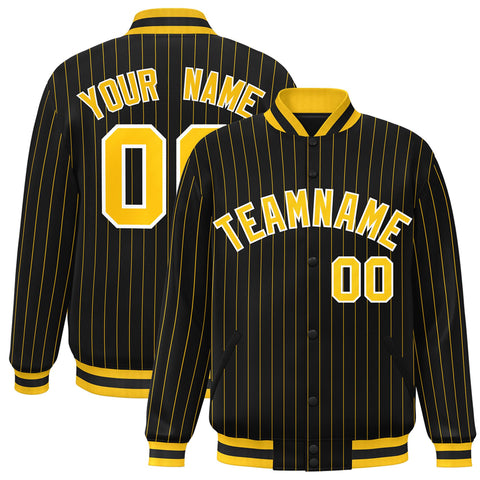 Custom Black Gold-White Personalized Letterman Stripe Fashion Bomeber Jacket