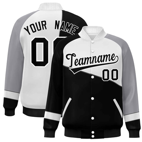 Custom Black White-Gray Color Block Bomber Varsity Full-Snap Baseball Jacket