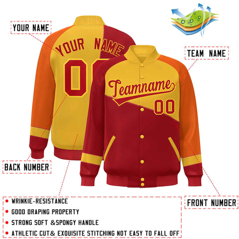 Custom Red Gold-Orange Color Block Bomber Varsity Full-Snap Baseball Jacket