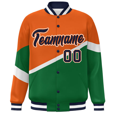 Custom Orange Kelly Green Navy-Orange Color Block Bomber Varsity Baseball Jacket
