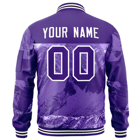 Custom Purple White Varsity Full-Zip Snow Mountain Letterman Bomber Jacket