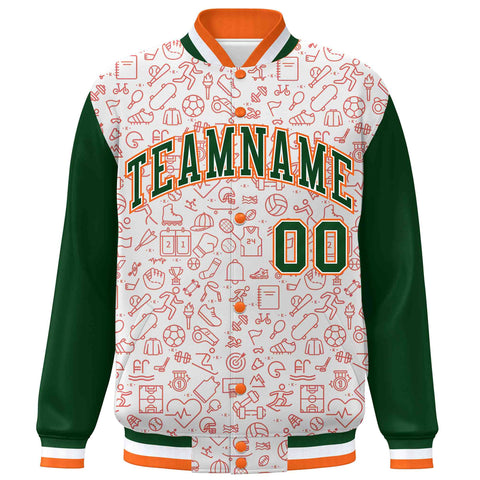 Custom White Green-Orange Line Graffiti Pattern Varsity Raglan Sleeves Letterman Baseball Jacket