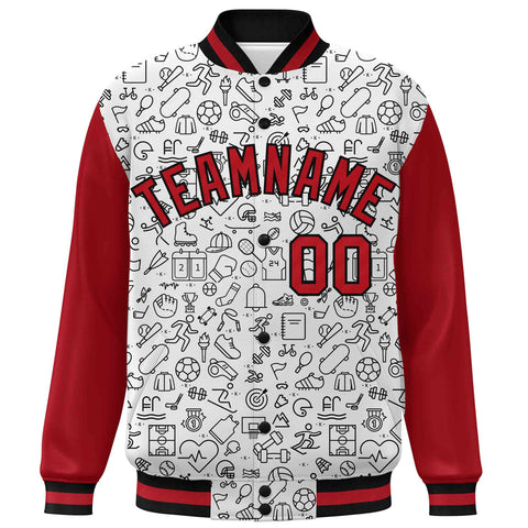 Custom White Red-Black Line Graffiti Pattern Varsity Raglan Sleeves Letterman Baseball Jacket