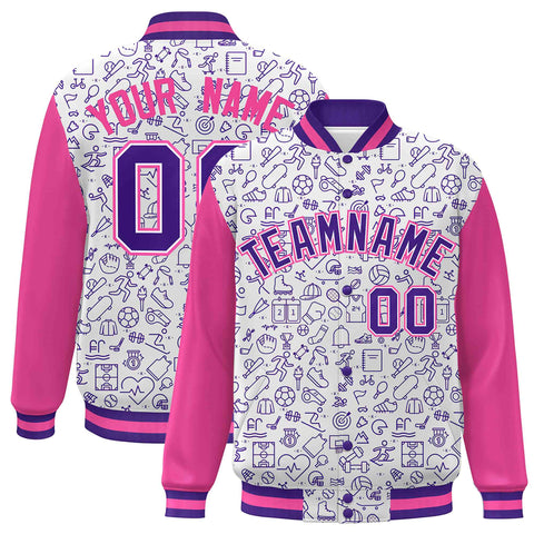 Custom White Pink-Purple Line Graffiti Pattern Varsity Raglan Sleeves Letterman Baseball Jacket