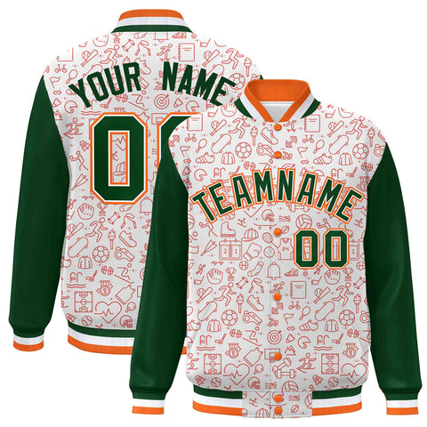 Custom White Green-Orange Line Graffiti Pattern Varsity Raglan Sleeves Letterman Baseball Jacket