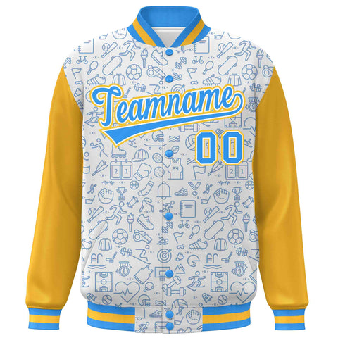 Custom White Gold-Powder Blue Line Graffiti Pattern Varsity Raglan Sleeves Letterman Baseball Jacket